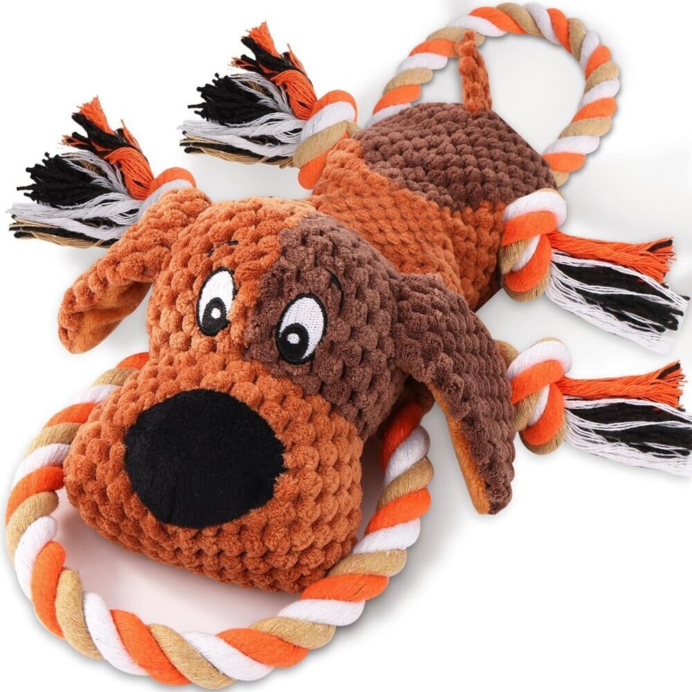 Plush Dog Toys with Rope, Squeaker & Crinkle Paper Interactive Squeaky Chew